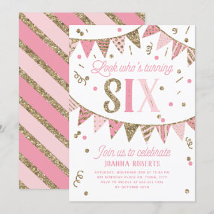 Invitation Bannière Parties scintillant rose et or Sixième fê