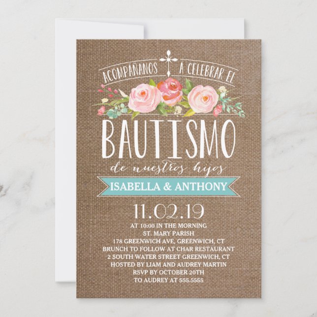 Invitation Bannière rose Burlap Twins | Bautismo espagnol (Devant)