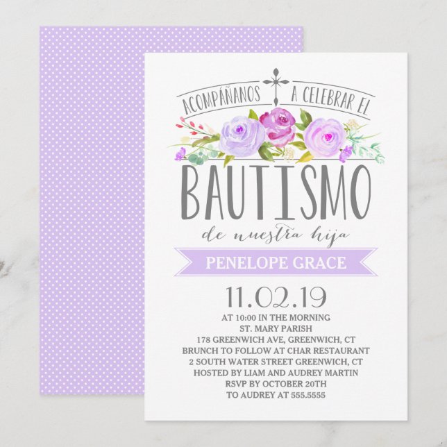 Invitation Bannière Rose violet| Bautismo espagnol (Devant / Derrière)