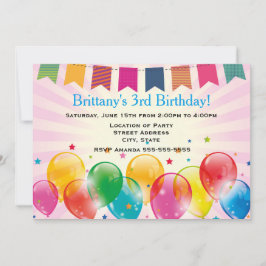 Invitation Bannières et ballons rose fête d'anniversaire