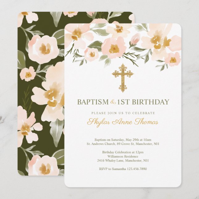 Invitation Baptême & 1Er Anniversaire Élégante Flore Aquarell (Devant / Derrière)