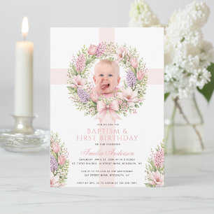 Invitation Baptême 1er Anniversaire Fille Photo Rose Floral P