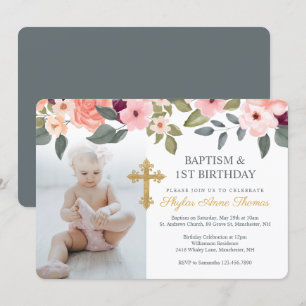 Invitation Baptême & 1er Anniversaire Fleurs Aquarelle Photo