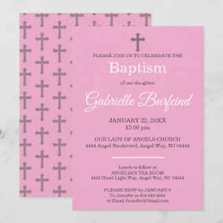 Invitation Baptême à l'aquarelle croix rose et grise