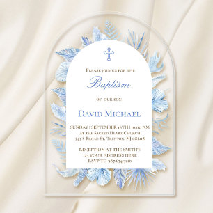 Invitation baptême acrylique feuillage bleu pastel