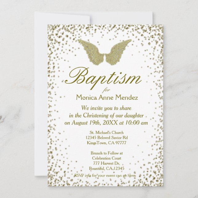 Invitation Baptême | Angel Wings & Gold Confetti (Devant)