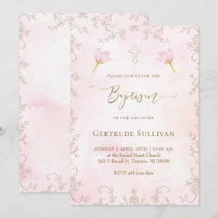 Invitation baptême aquarelle rose