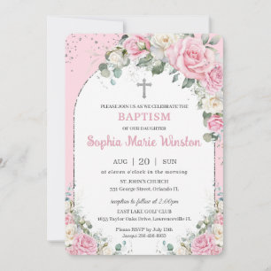 Invitation Baptême Arc Argent Rose Blanc Floral Baptême