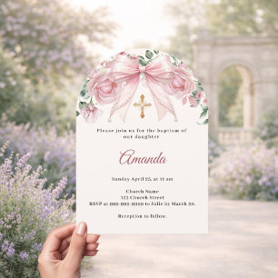 Invitation Baptême Arc de croix pour fille Fleurs en ivoire r