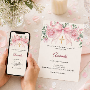 Invitation Baptême Arc Rose Crème Florales Fille Croix