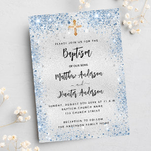 Invitation Baptême argent bleu jumeau garçons luxe