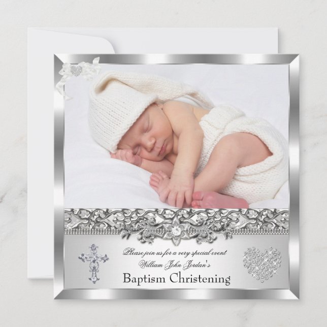 Invitation Baptême Argent Photo Cœur Croix Garçon ou Fille (Devant)