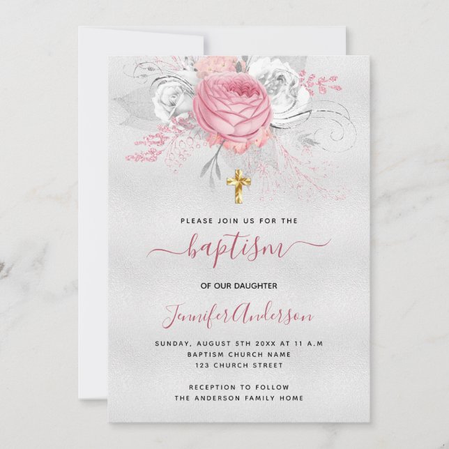Invitation Baptême argent rose florales fille élégant blanc (Devant)