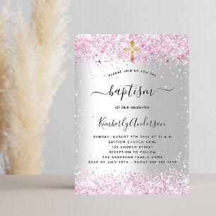 Invitation Baptême argent rose parties scintillant fille croi