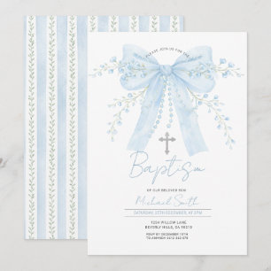 Invitation Baptême au ruban bleu garçon avec croix