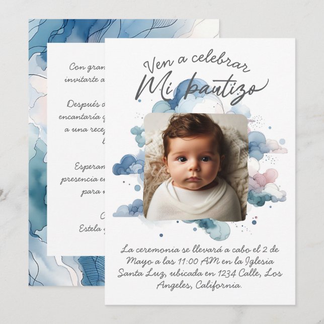 Invitation Baptême avec aquarelle bleue espagnole (Devant / Derrière)