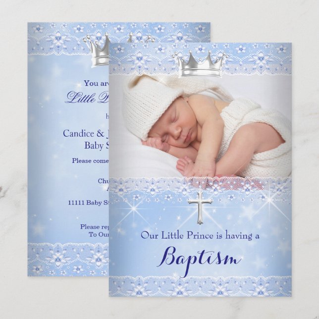 Invitation Baptême Baby Photo du garçon Couronne Bleue (Devant / Derrière)