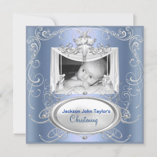 Invitation Baptême baptême Bébé Garçon Croix Bleue Argent