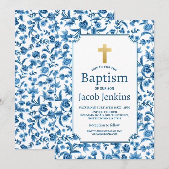 Invitation Baptême Baptême Bleu Blanc Floral Gold Cross (Devant / Derrière)