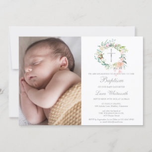 Invitation Baptême Baptême floral couronne photo
