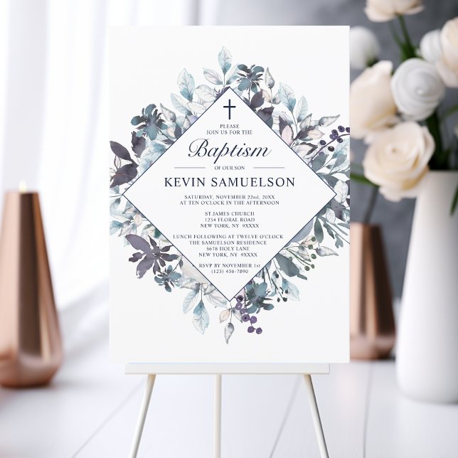 Invitation Baptême Baptiste Bleu Marine (Navy Blue Watercolor Baptism Christening Boy Invitation)