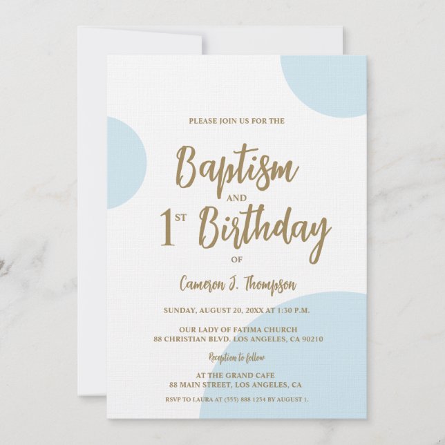 Invitation Baptême Bébé Bleu Or et joint 1er anniversaire (Devant)