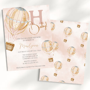 Invitation Baptême Bébé Bohème Rose Montgolfière