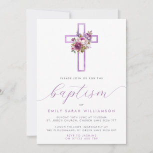 Invitation Baptême bébé croix florale violette