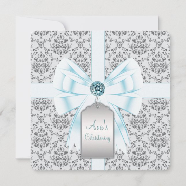 Invitation Baptême bébé damas bleu sarcelle (Devant)