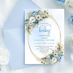 Invitation Baptême Bébé Eucalyptus Bleu Poussiéreux Aquarelle