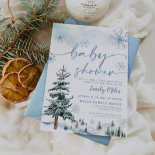 Invitation Baptême Bébé Hiver Bleu Pin Aquarelle