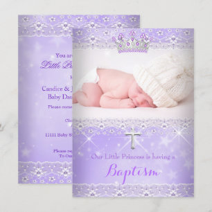 Invitation Baptême bébé Photo de la fille Lilac Purple Tiara