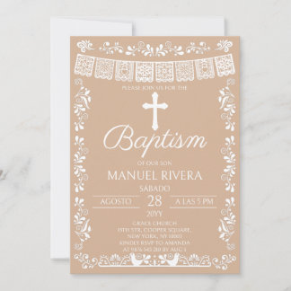 Invitation Baptême Beige Papel Picado