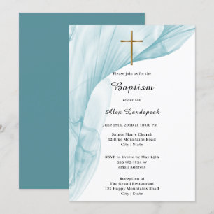 Invitation Baptême blanc, bleu Voile & Gold Cross