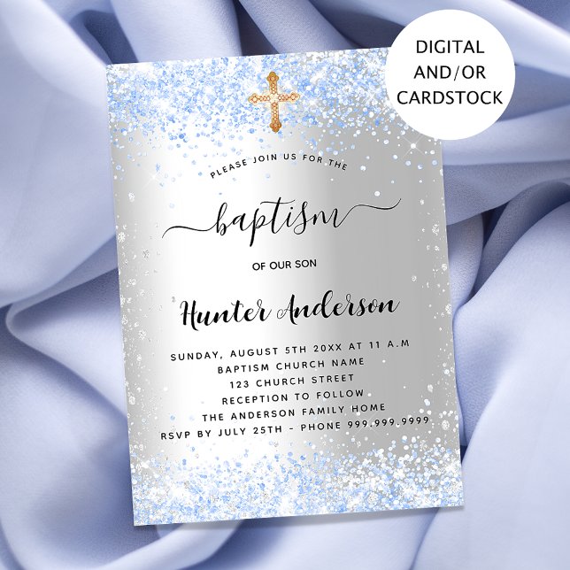 Invitation Baptême bleu argent confetti bébé garçon (Créateur téléchargé)