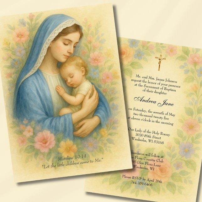 Invitation Baptême bleu azur mère et enfant floral (Créateur téléchargé)