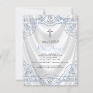 Invitation Baptême Bleu Bébé Blanc Satin