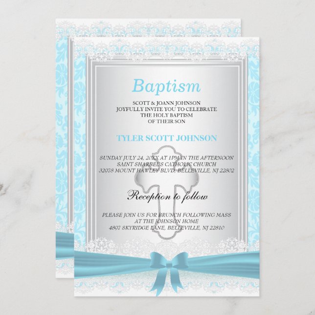 Invitation Baptême Bleu & Blanc Satin / Christening (Devant / Derrière)