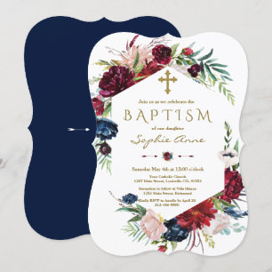 Invitation Baptême Bleu Bourgogne Floral Fille de couronne Ba