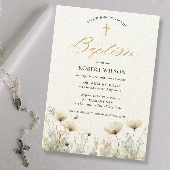 Invitation Baptême bleu Dusty Floral Cross Garçon Christening (Créateur téléchargé)