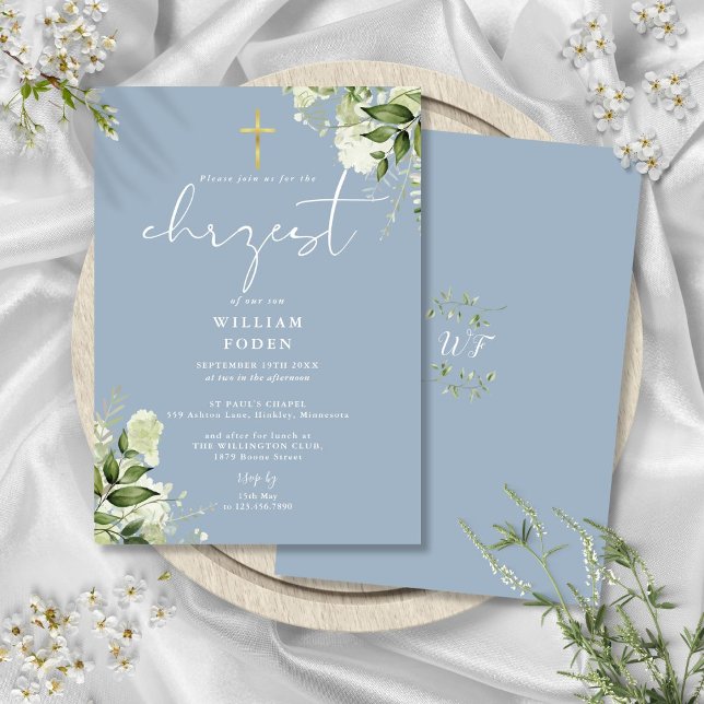 Invitation Baptême bleu Dusty Vert Floral Chrzest (Dusty Blue Greenery Floral Chrzest Baptism Invitation)