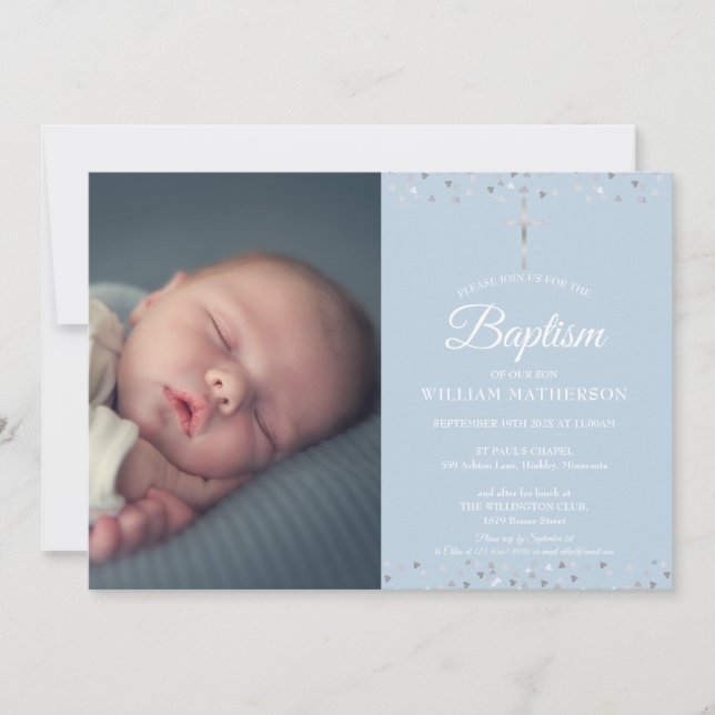 Invitation Baptême Bleu Élégant, Photo Christening (Devant)