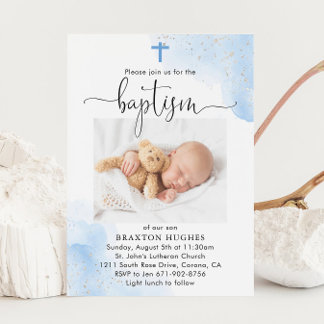 Invitation Baptême Bleu et Argent Boy Dédication