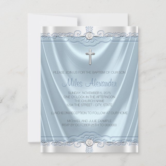 Invitation Baptême bleu et argent Christening (Devant)