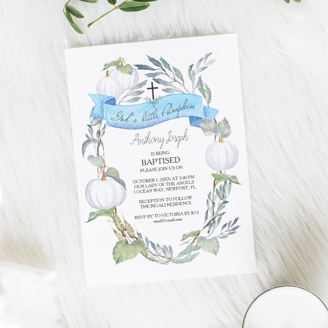 Invitation Baptême Bleu et Blanc Citrouilles Boy Fall (Créateur téléchargé)