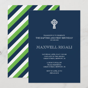 Invitation Baptême bleu et vert moderne et premier anniversai