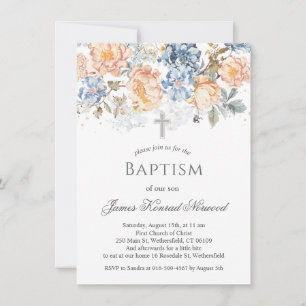 Invitation Baptême bleu floral brun