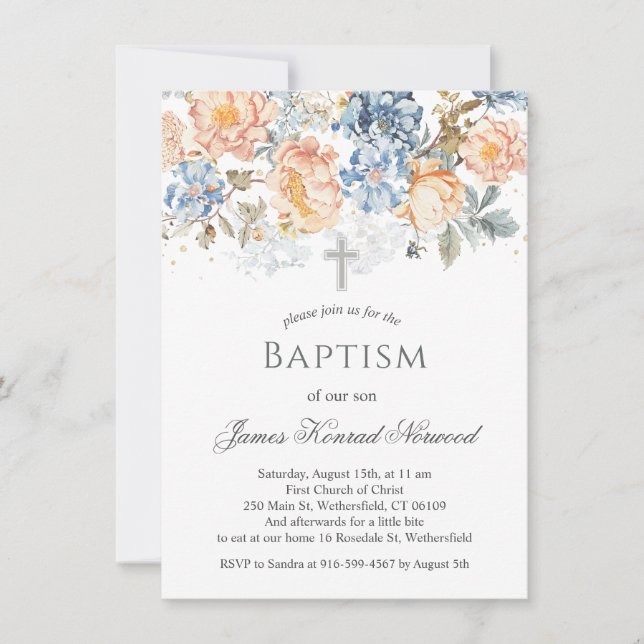 Invitation Baptême bleu floral brun (Devant)