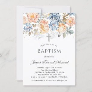 Invitation Baptême bleu floral brun