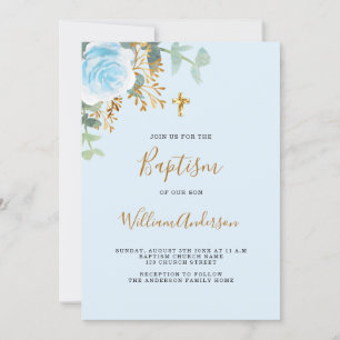 Invitation Baptême bleu floral garçon croix dorée